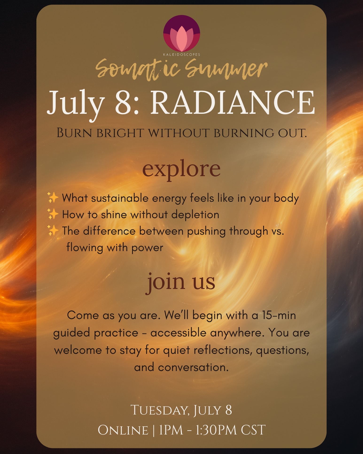 Join us next week for our first Radiance session in the Somatic Summer series.
We’ll explore what sustainable energy really feels like, and how to return to your power without performing it.

No pressure to share. No perfect way to show up.
Just space to be...together.

🗓️ Tuesday Jul 8 | 1PM - 1:30PM CST
🎟️ RSVP + details: link in bio

#SomaticSummer #NervousSystemSupport #RadianceWithoutBurnout #ComeAsYouAre #HealedLeadership